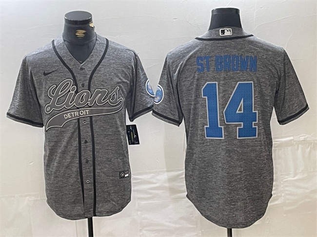 Men's Detroit Lions #14 Amon-Ra St. Brown Grey Cool Base Stitched Baseball Jersey